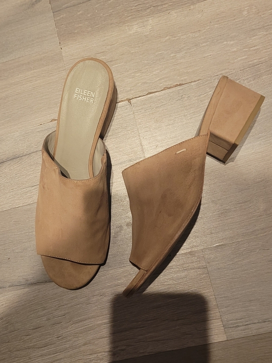 Eileen Fisher Shoes - Eileen Fisher Beige Suede Block Heel Mules Size 9.5 Firm